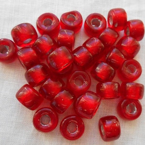 25 9mm Czech Ruby Red Silver Lined glass pony roller beads, large hole crow beads, C0087