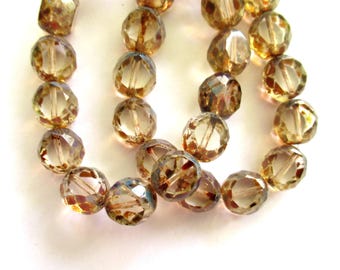 Six 12mm round faceted table cut Czech glass beads - crystal clear picasso  2 cut window beads - chunky statement beads 00131