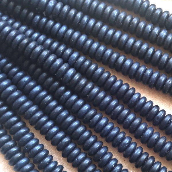 Lot of 50 6mm Czech glass rondelle beads, matte metallic dark blue suede, sueded flat spacers or rondelles C3801