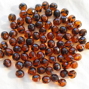 25 8mm Tortoise Shell, Tortoiseshell, Amber faceted round fire polished glass beads C0039