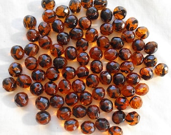 25 8mm Tortoise Shell, Tortoiseshell, Amber faceted round fire polished glass beads C0039