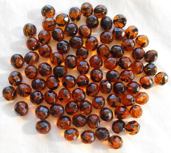 25 8mm Tortoise Shell, Tortoiseshell, Amber faceted round fire polished glass beads C0039
