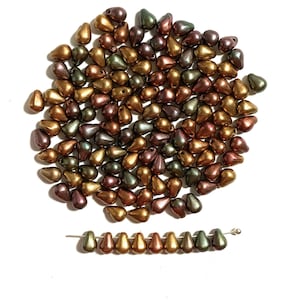 Fifty small Czech glass teardrop beads - 6 x 4mm - matte metallic bronze iris drop or pear beads - side drilled beads - C0043