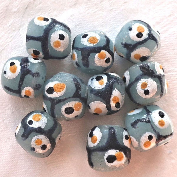 Lot of 5 African Krobo round evil eye glass beads, gray, black , white and yellow 11-12mm big hole rustic, earthy beads