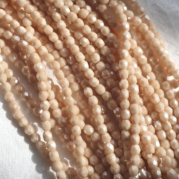 Lot of 50 3mm Off White Opaque Luster Champagne Czech glass beads, firepolished faceted round beads C8450