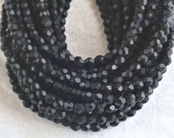 Lot of 50 4mm matte Jet Black Czech glass beads, round faceted firepolished beads, C3450