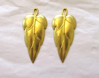 2 stylized raw brass leaf stampings - leaves - pendants - charms - earrings with ring 44mm in by 19mm - made in the USA 0079