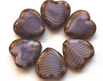 Six Czech glass heart beads; 16mm table cut, marbled silk, satin opaque purple, amethyst hearts with a picasso finish C6906