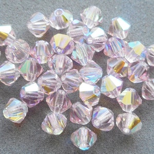 Lot of 24 4mm Czech Light Rose Pink AB glass faceted bicone beads, Preciosa Crystal pink AB bicones 5601