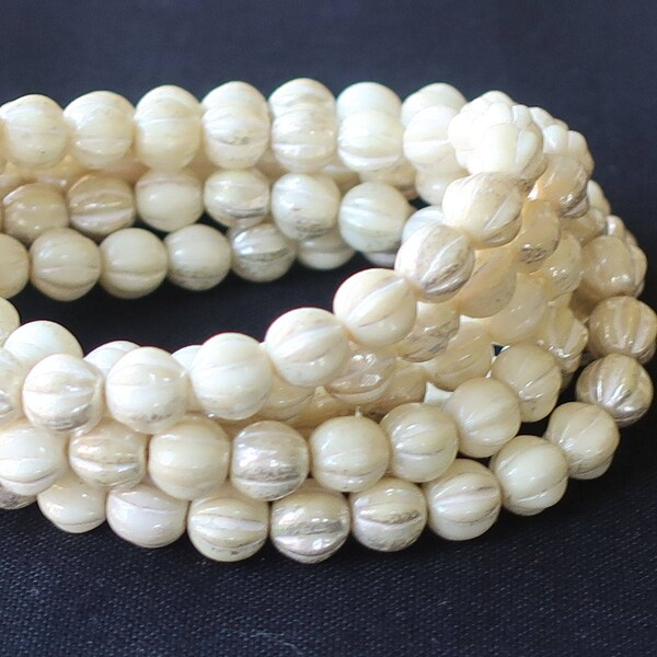 25 opaque off white, ivory mercury melon beads, 6mm pressed Czech glass beads with a luster finish C0801