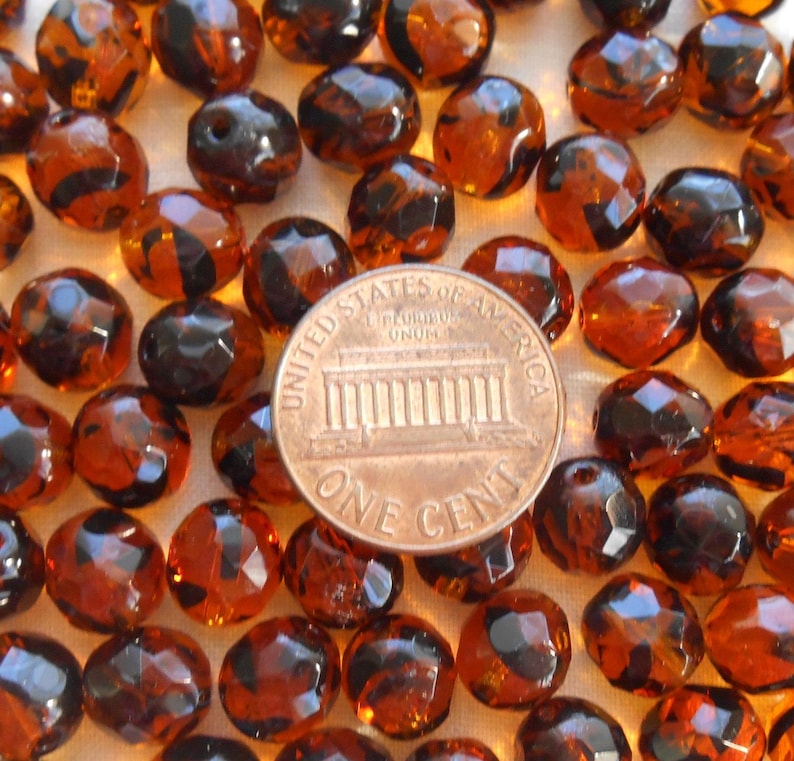 25 8mm Tortoise Shell, Tortoiseshell, Amber faceted round fire polished glass beads C0039 image 3