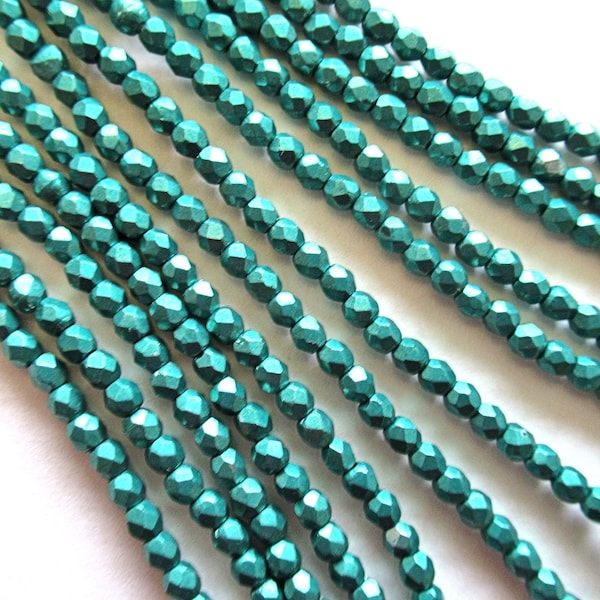 Fifty 3mm faceted fire polished Czech glass beads - saturated arcadia matte metallic teal green beads- C0063