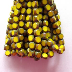 Lot of 25 Czech glass Tri-cut - Round beads - 8mm - opaque yellow picasso  - faceted table cut rustic earthy window  beads C0099