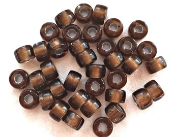 Lot of 25 9mm Smoky Topaz, Brown, Silver Lined Czech glass pony beads, roller or crow beads with large big  3mm holes C0087