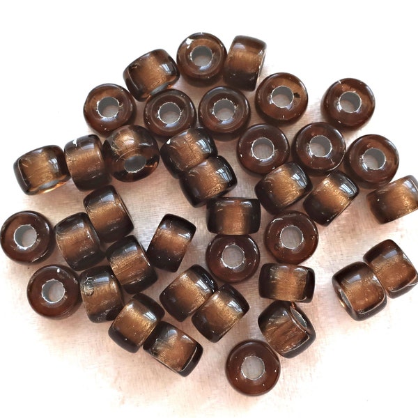 Lot of 25 9mm Smoky Topaz, Brown, Silver Lined Czech glass pony beads, roller or crow beads with large big  3mm holes C0087