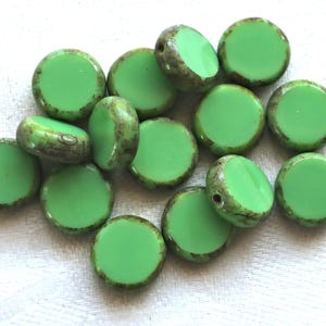 10 Czech glass green coin or disc beads - 11mm flat round beads - opaque light green table cut beads with a picasso finish 02201