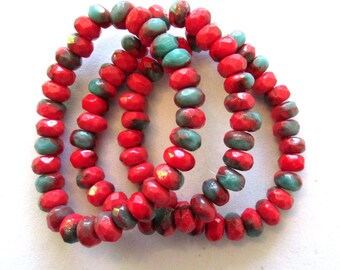 30 small Czech glass faceted puffy rondelles - 5 x 7mm opaque marbled mix of red & turquoise blue green glass rondelle beads 00531