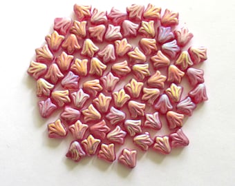 Lot of 25 8.5mm Czech glass flower beads - dusty rose pink ab pressed glass lily flower beads C00921