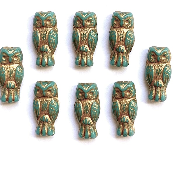 10 Czech glass owl beads - top drilled 7 x 15mm opaque turquoise green with gold wash pressed glass beads C0005