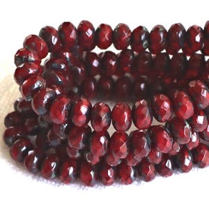 30 small, garnet red picasso puffy rondelle beads, 3mm x 5mm  faceted Czech glass rondelles 51101