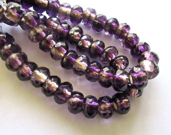 Ten Czech glass roller beads - 8.5 x 5mm tanzanite purple silver lined, faceted roller, rondelle, big 3.5mm hole beads C00621