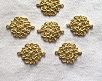 Six raw brass ornate round filigree connectors - brass stampings - 18 x 14mm - made in the USA C22201