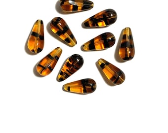 Six large Czech glass teardrop beads - 20 x 9mm tortoiseshell or tortoise shell drop or pear beads - C0055