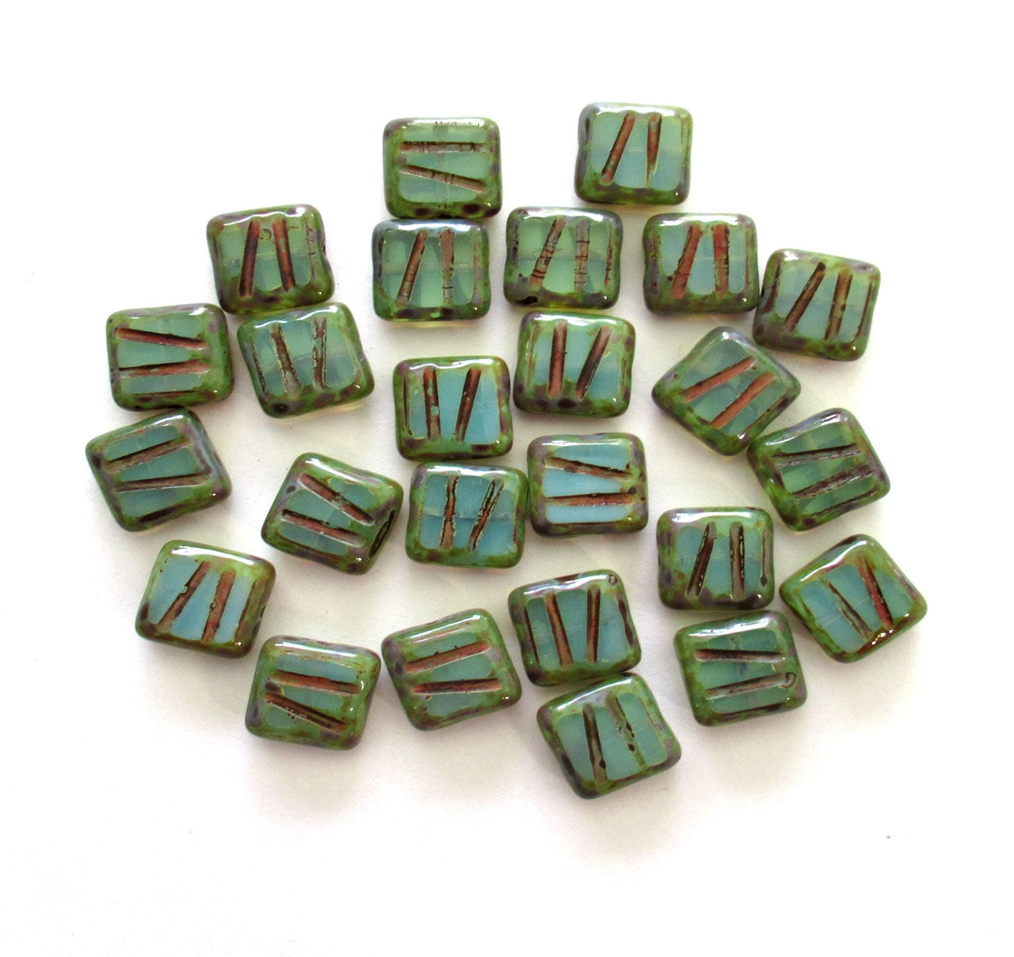 Ten Czech Glass Square Beads Milky Light Aqua Blue W/ Picasso
