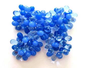 Lot of 25 Czech glass drop beads - transparent and milky translucent mix of sapphire blue - smooth teardrop beads - 9 x 6mm  C0049