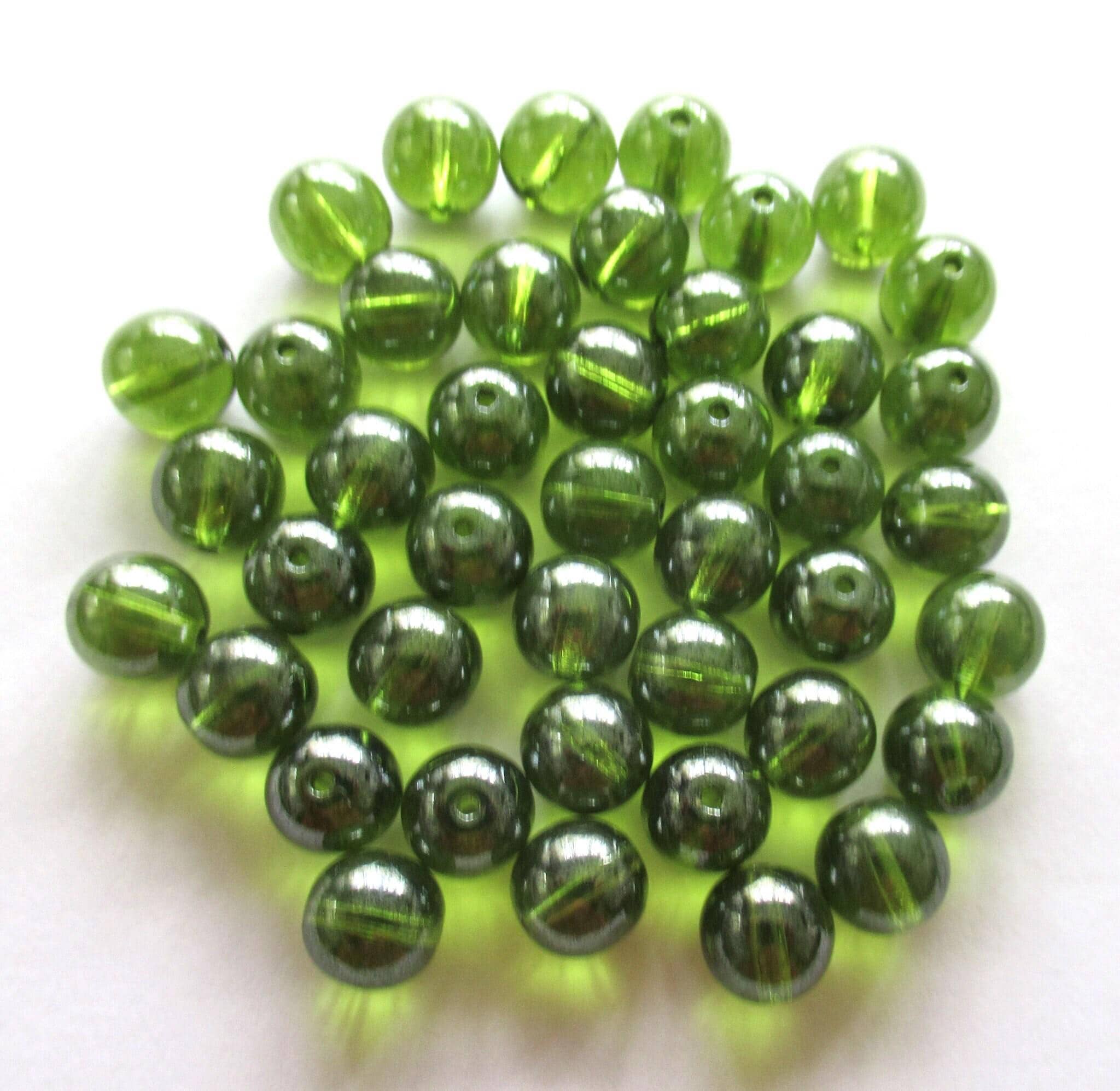 Lot of 25 8mm Czech glass druks,  olivine olive green shimmer smooth round druk beads  C0062