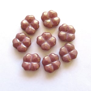 Eight 15mm Czech glass clover beads - opaque luster pink four leaf clover shaped beads - 00011