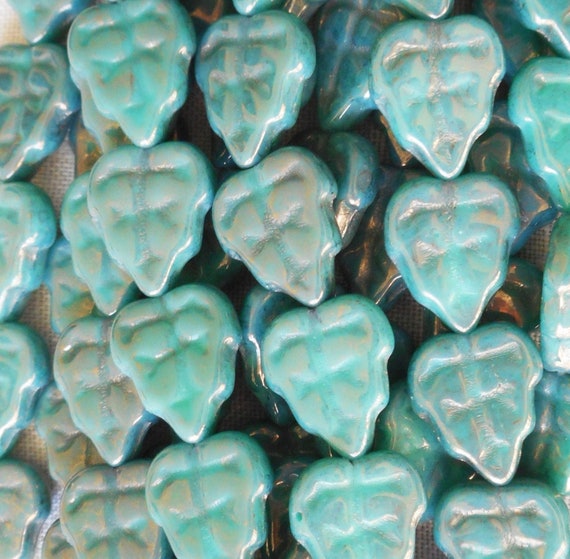 25 Turquoise Luster AB Czech Glass Leaf Beads 10MM