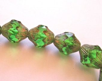 Lot of five 13mm Czech glass bicones - large emerald green picasso chunky, faceted bicone beads - C0067