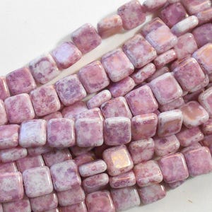 25 9mm Opaque Luster Topaz Pink Czech square flat glass beads, pink picasso beads C8925