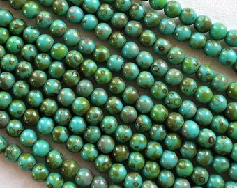 Lot of 100 4mm Opaque Turquoise Blue Picasso Czech glass druks,  smooth round druk beads 40101