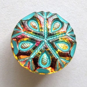 One 18mm Czech glass button - orange & pink iridescent snowflake with a turquoise wash - decorative shank button 00082