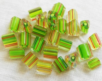 Lot of 20 glass cane beads, striped triangle, triangular bead in green yellow & red 7mm - 9mm x 7mm - 9mm lot#1 C4901