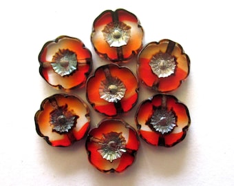 Ten Czech glass flower beads - 12mm table cut carved, transparent red, clear & orange Hawaiian flower beads w/ silver picasso finish C00341