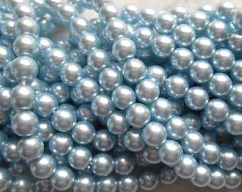 50 6mm blue glass pearl druk beads, light sapphire blue Preciosa Czech round, smooth glass pearls C0068