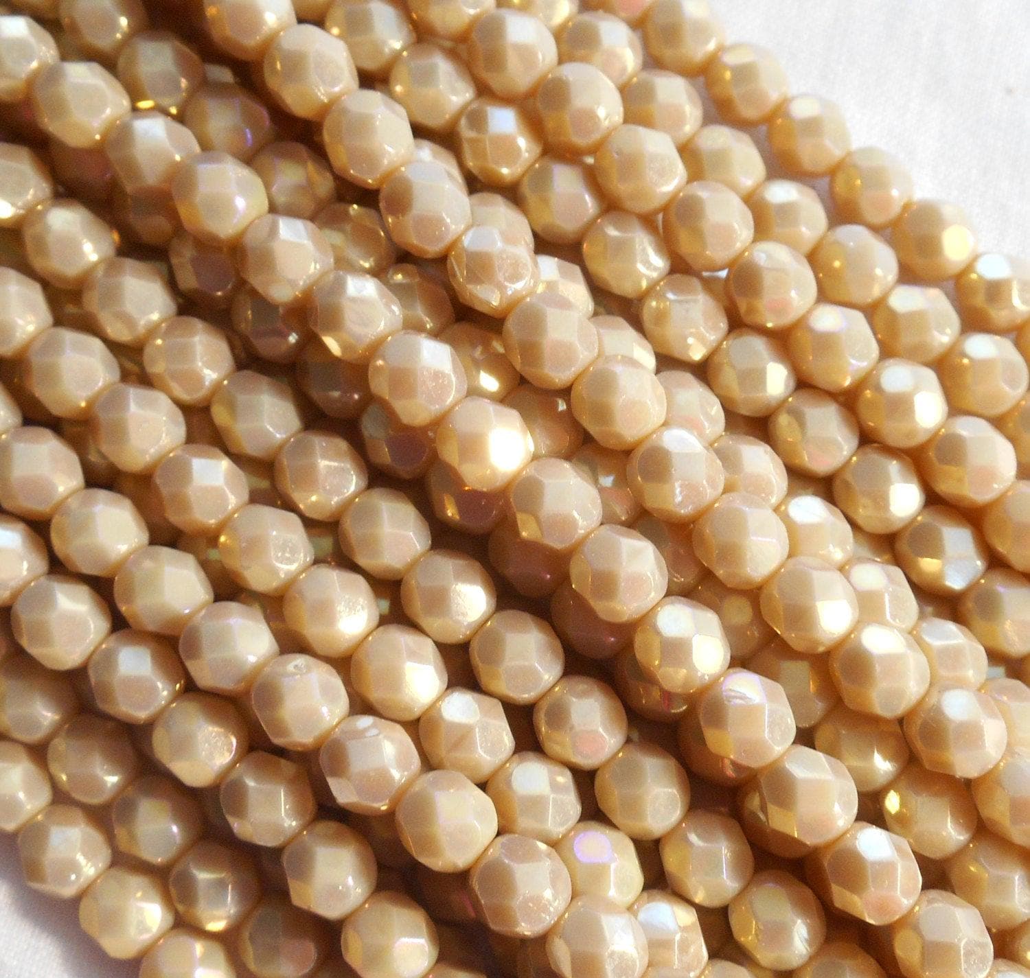 50 4mm Czech glass beads, Opaque, Off White, Antique Beige Luster Iris, firepolished, faceted round beads C9650