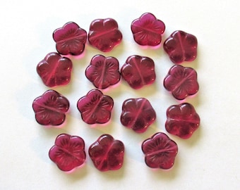 Ten 14mm Czech glass flower beads - transparent fuchsia pink - pressed glass floral beads - C0881