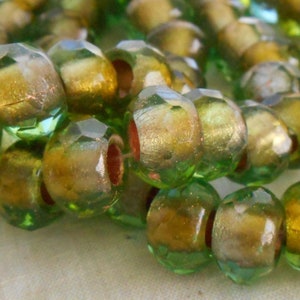 Five 12mm x 8mm Green gold foil Czech glass large faceted round roller, rondelle beads, big 5mm holes, big hole bead 51101