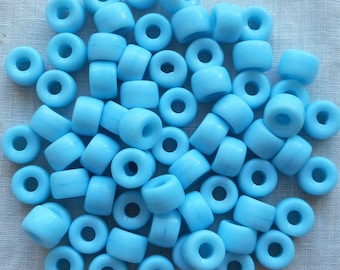 25 9mm Czech opaque turquoise blue pony roller beads, large hole blue glass crow beads, C0097