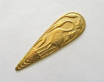 1 art deco / nouveau bird brass stamping - oval with stork pendant - connector - earring -  2.75" by .87" inches- made in the USA C0088