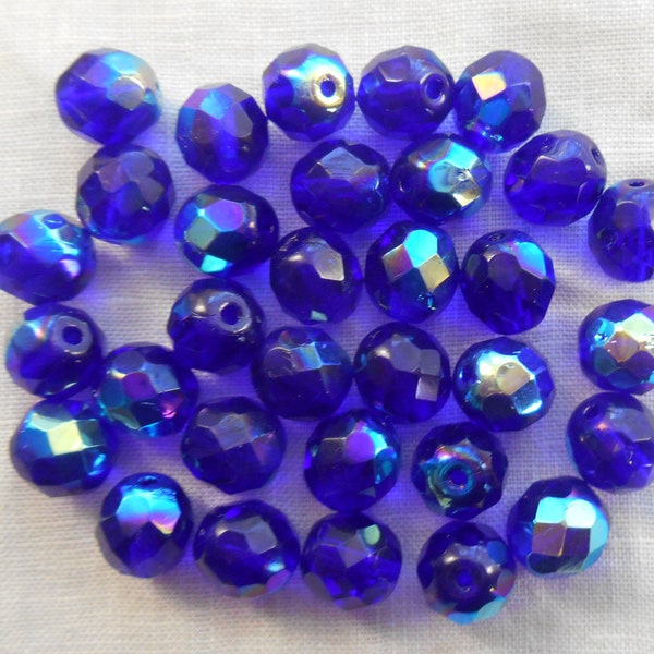 25 8mm Czech glass beads, cobalt blue AB fire polished faceted round beads C0056