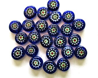 Ten 10mm cane or millefiori glass beads - cobal blue, green and red coin or disc beads - C0095