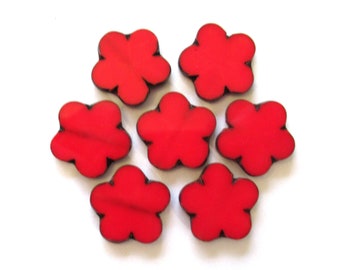 Six large Czech glass flower beads - 17mm table cut opaque bright red floral picasso beads - C00671