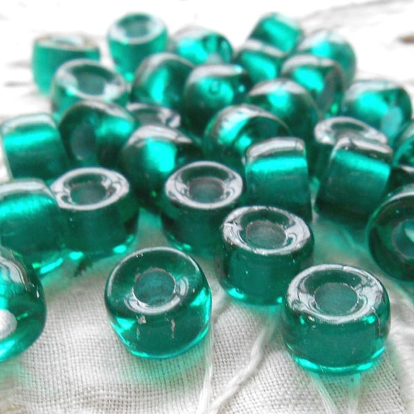 25 9mm Czech Teal, Blue Green Silver Lined glass pony roller beads, large hole crow beads, C0087