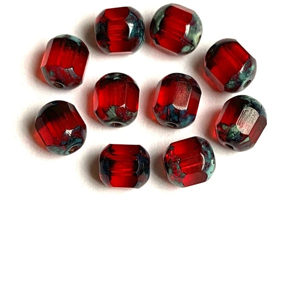 15 Czech glass faceted cathedral or barrel beads six sides - 8mm fire polished Siam red beads with picasso finish on the ends C0075