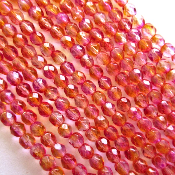 50 4mm Czech glass beads - fuchsia lemon dual coated pink & yellow / orange - faceted round fire polished beads 0038